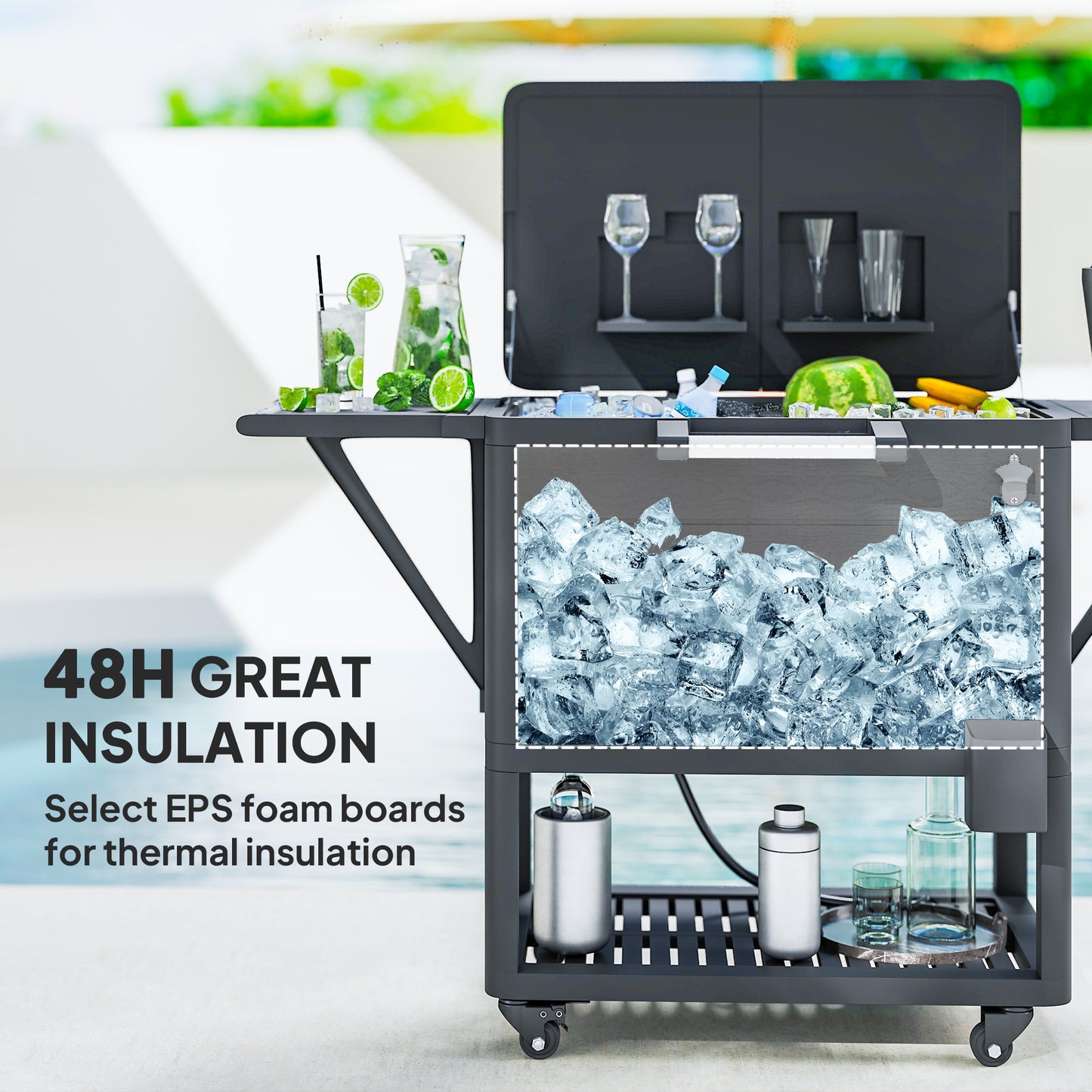 104 Quart Large Capacity Outdoor Cooler Cart, Patio Rolling Ice Chest With Bottle Opener Shelves Wheels, Black