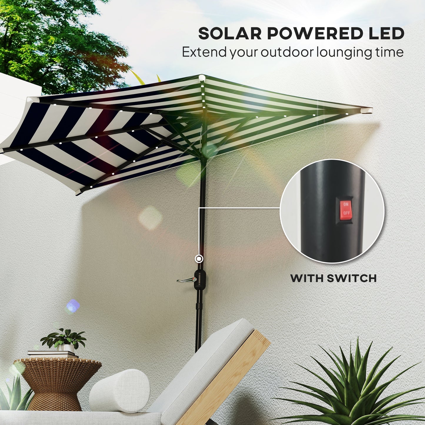 Half Umbrella Outdoor Patio Umbrella, Small Balcony Umbrella, Vented Half Patio Umbrella With Crank 8 Ribs, Porch Umbrella For Garden Deck Poolside, Navy Blue