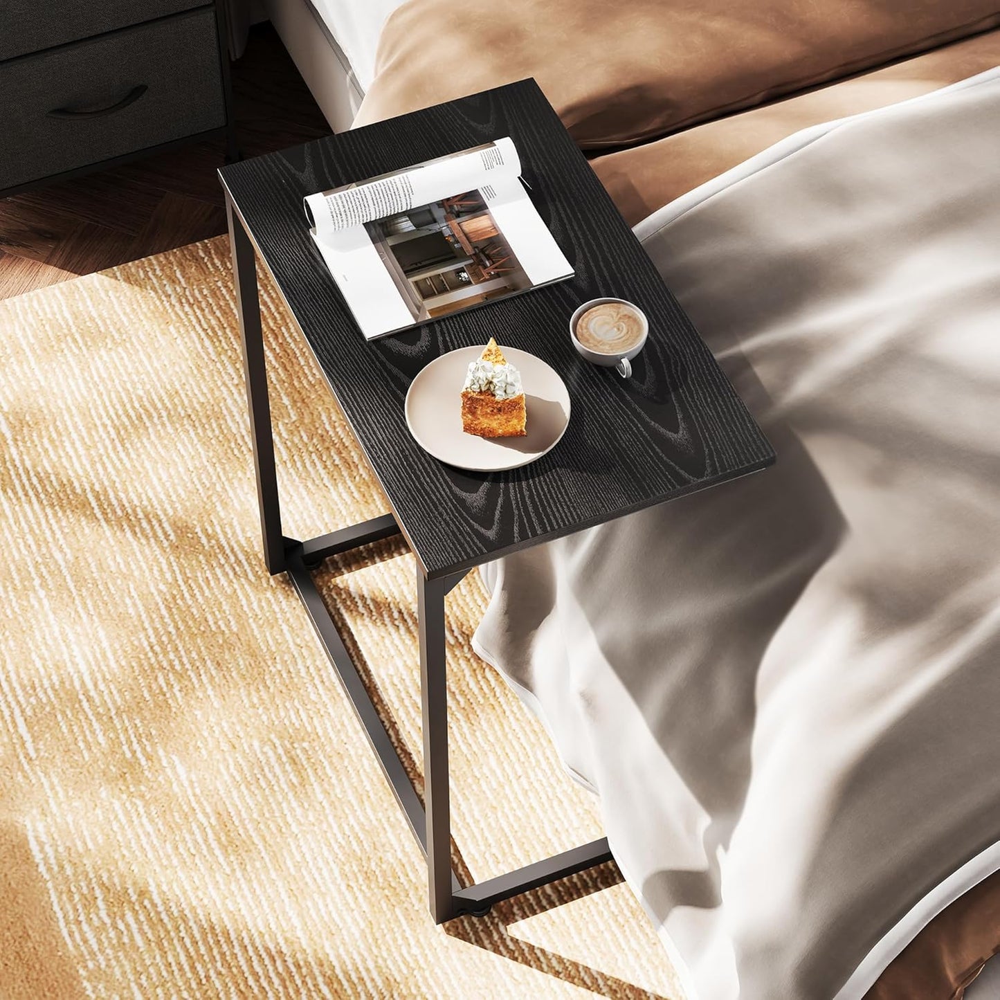 Black C-Shaped End Table, Small Side Tables for Sofa, Wide Couch Table That Slide Under, Laptop Snack Table for Living Room, Bedroom, Home Office, Black