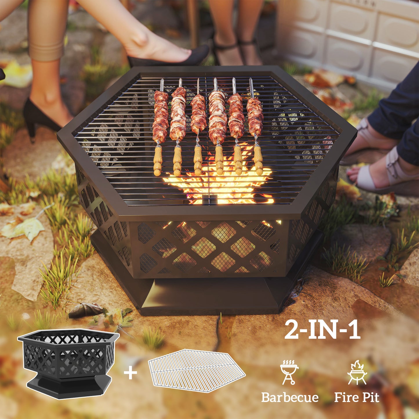 28 Outdoor Fire Pit With Grill Hexagon Fireplace Wood Burning Firepit With Cooking Grate, Fire Poker, Screen Lid
