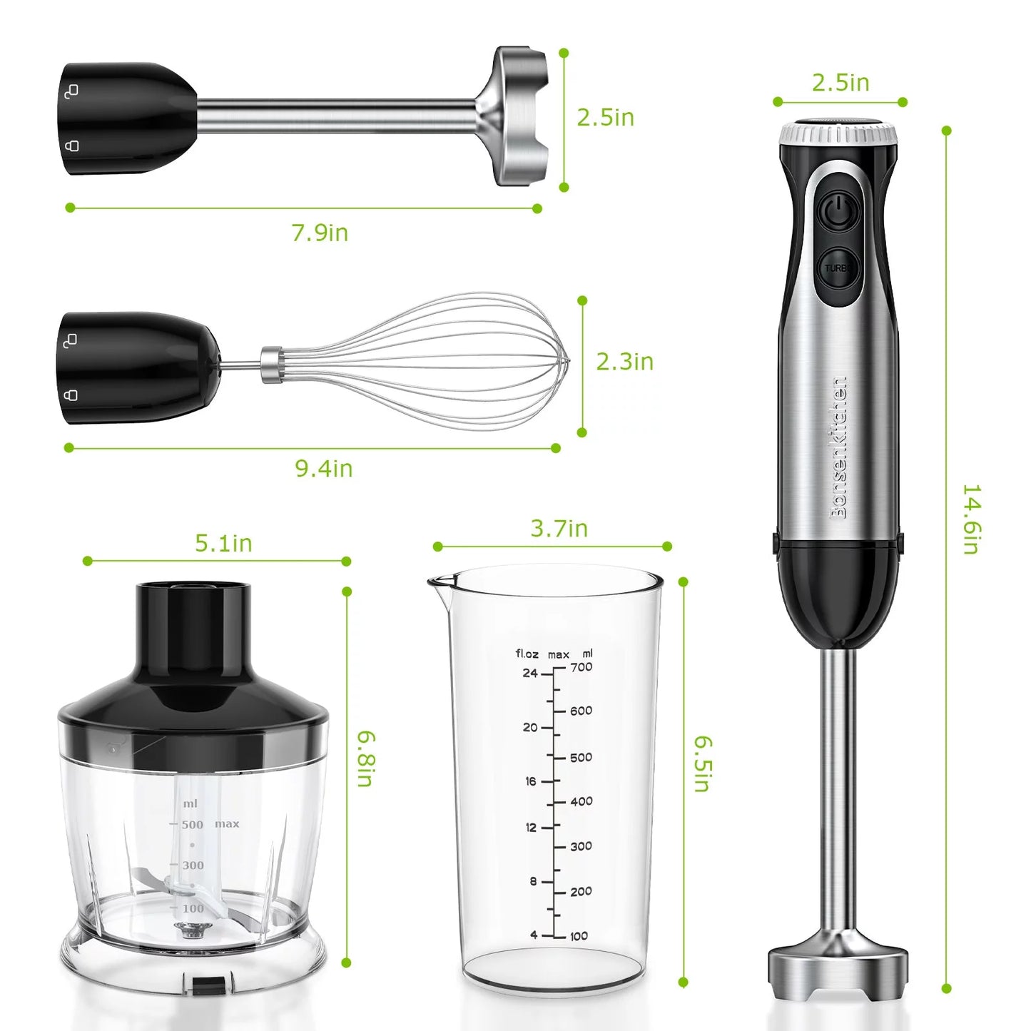 Immersion Hand Blender, Stainless Steel, 20-Speed, Handheld Mixer for Soup, Smoothies, Purees, Emulsifies