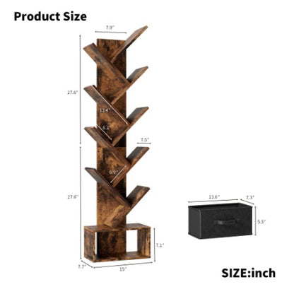 9 Tier Tree Bookshelf With Drawer Bookcase, Modern Book Storage, Free Standing Tree Bookcase, Utility Organizer Shelves For Home Office, Living Room, Bedroom, Rustic Brown