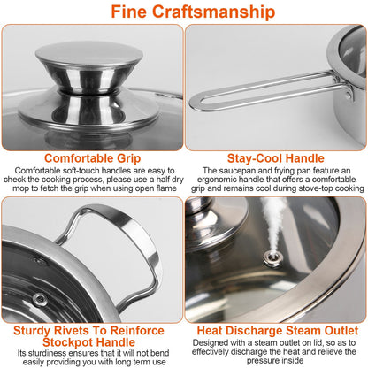 4Pcs Stainless Steel Cookware Set Frying Pan 2Quart Saucepan 2.7Quart 3.7Quart Stockpot With Lid Dishwasher Safe
