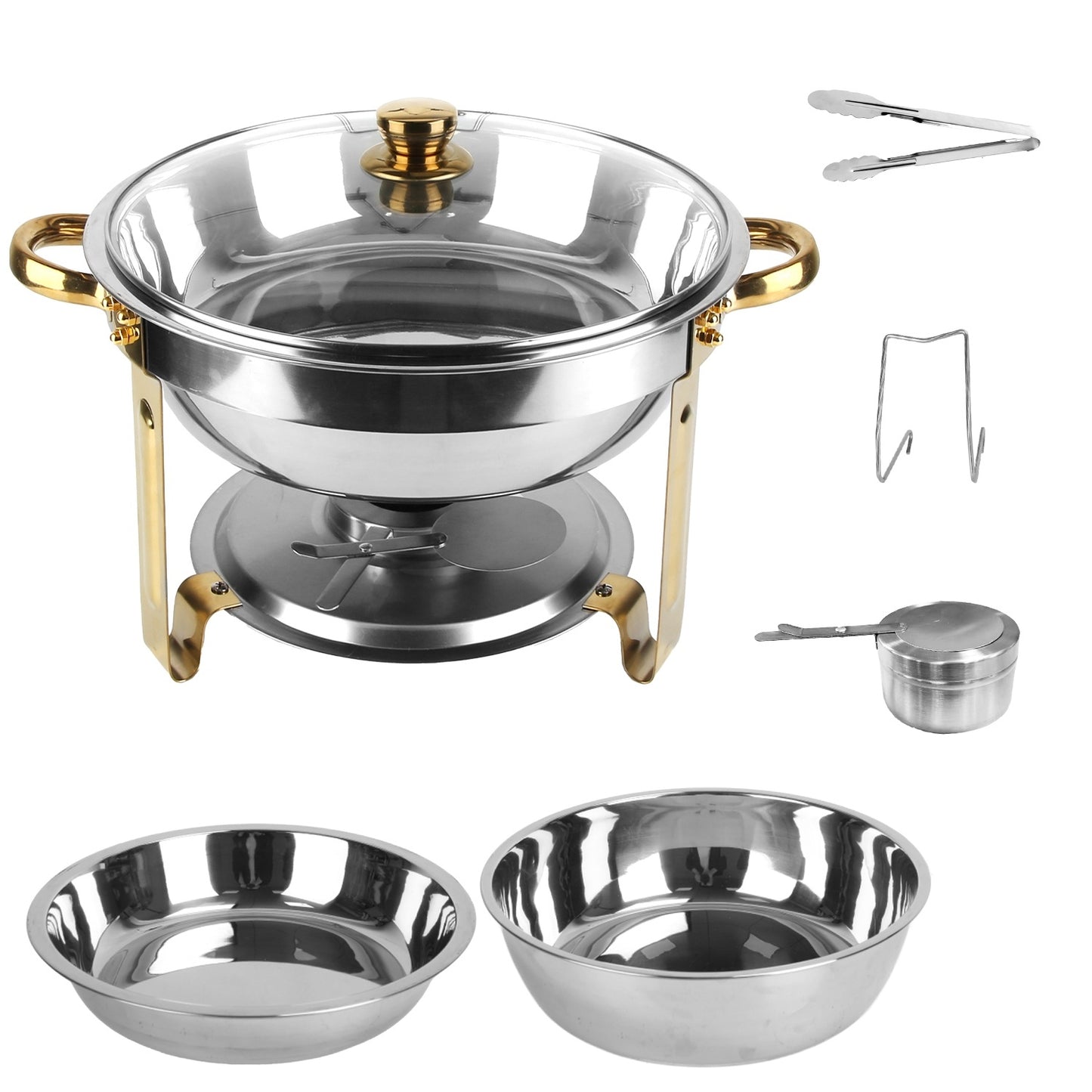 4Pcs Chafing Dish Buffet Set 4.76QT Round Buffet Servers Food Warmer Stainless Steel Catering Chafer With Glass Lid For Warming Cooling Gatherings Banquets Buffets Party Wedding