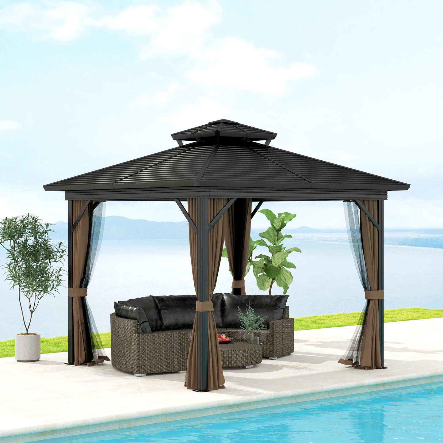 10 X 10 Hardtop Gazebo With Aluminum Frame, Metal Roof Gazebo Canopy W Hook, Curtains Included, Dark Brown
