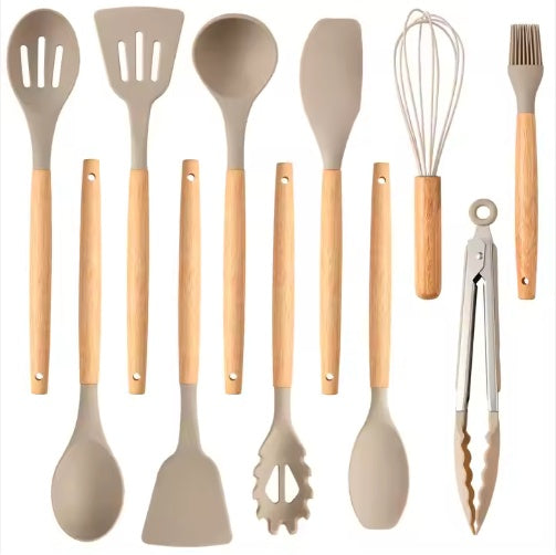 Non-Stick Silicon 12 Pcs Heat Resistant Wooden Handle Kitchen Cooking Utensils Set, Khaki Color
