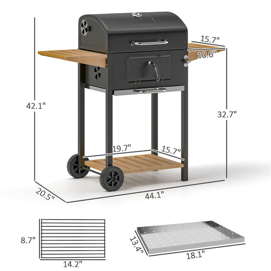 Charcoal BBQ Grill With 245 Sq. In. Cooking Area, Adjustable Charcoal Pan, 3 Shelves, Thermometer, Black