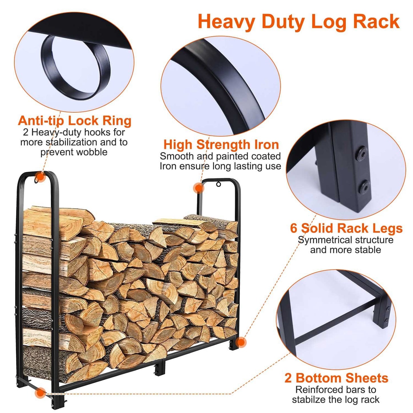 1Pc Firewood Log Rack 2500LBS Iron Wood Lumber Storage Stacking Rack 4.03ft Heavy Duty Pile Lumber Storage Holder For Fireplace Firepit