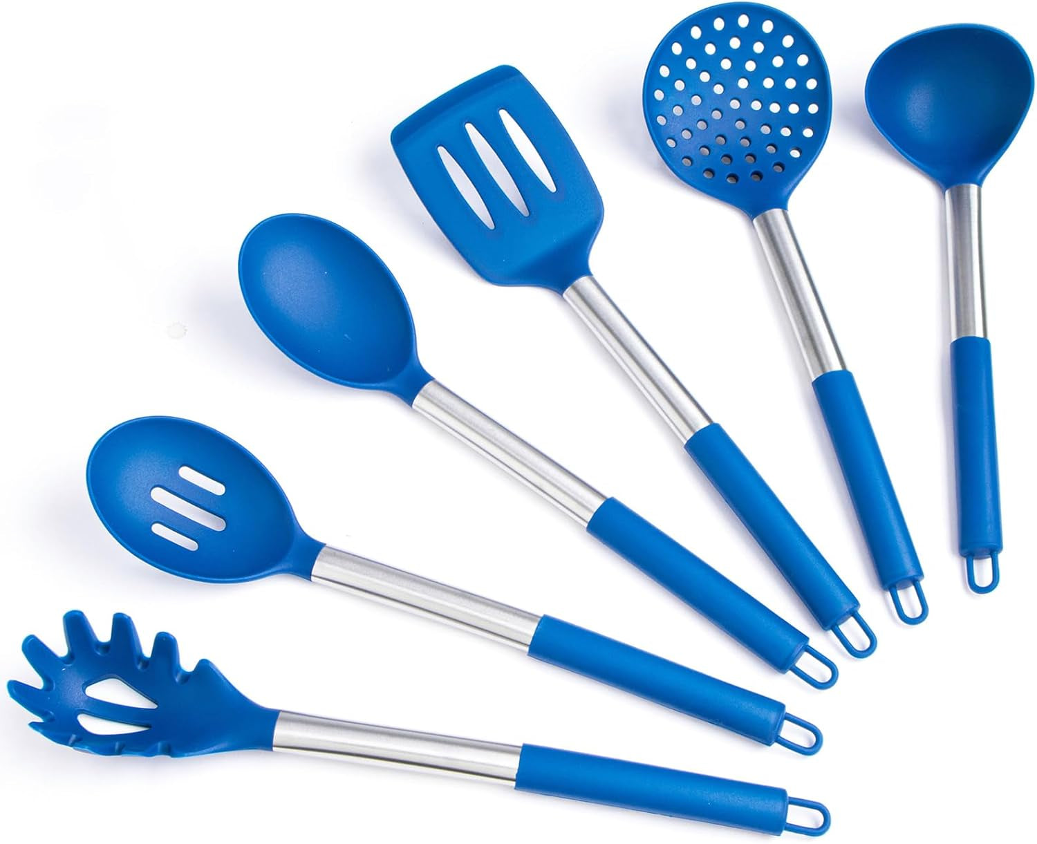 Silicone Kitchen Utensils Set -  6-Pieces Blue Silicone Cooking Utensils Set for Nonstick Cookware - Stainless Steel Handle