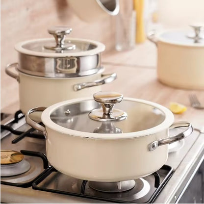 9pcs Stainless Steel Ceramic Coated Pot Set, Including 1 Milk Pot, 2 Stockpots, 1 Non-stick Pan, 4 LIDS And 1 Steamer