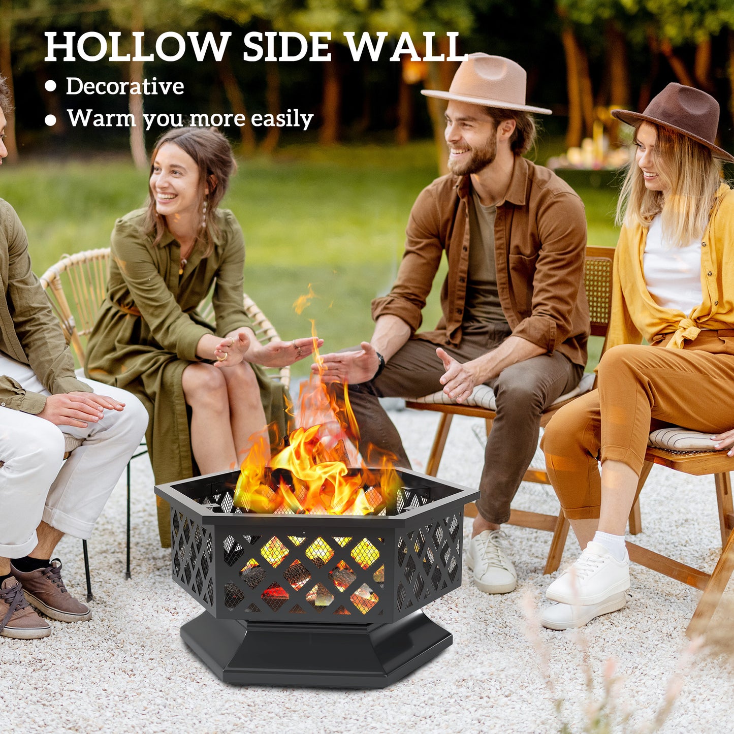 28 Outdoor Fire Pit With Grill Hexagon Fireplace Wood Burning Firepit With Cooking Grate, Fire Poker,  Screen Lid