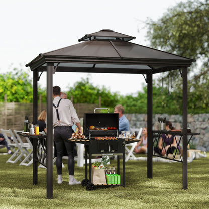 Outside Porch BBQ Cooking Pergola Canopy With 6 Hooks For Utensils And Double Venting Roof, Coffee