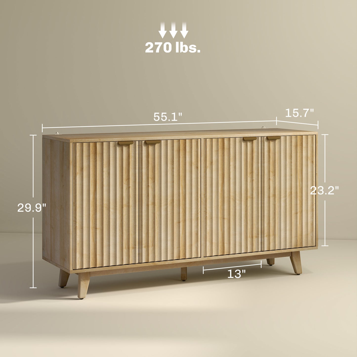 Fluted Sideboard Buffet Cabinet, 55 Coffee Bar Cabinet With 4 Doors, 2 Adjustable Shelves, 5 Wood Legs, Oak