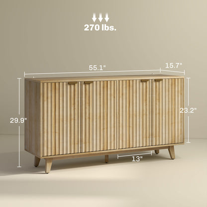 Fluted Sideboard Buffet Cabinet, 55 Coffee Bar Cabinet With 4 Doors, 2 Adjustable Shelves, 5 Wood Legs, Oak