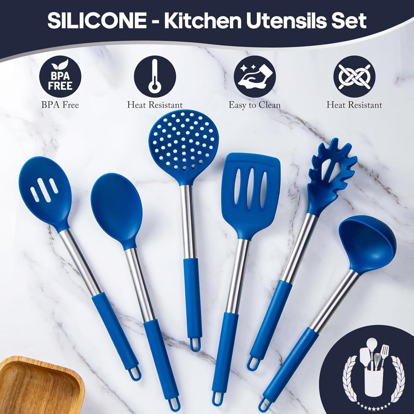 Silicone Kitchen Utensils Set -  6-Pieces Blue Silicone Cooking Utensils Set for Nonstick Cookware - Stainless Steel Handle