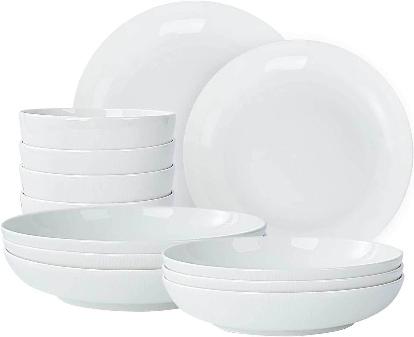 Setaria Bone China Dinnerware Set, 12 Pieces, Service For 4, Plates, Dishes, Bowls Set, Microwave And Dishwasher Safe, Ivory White With Narrow Curve Stripe
