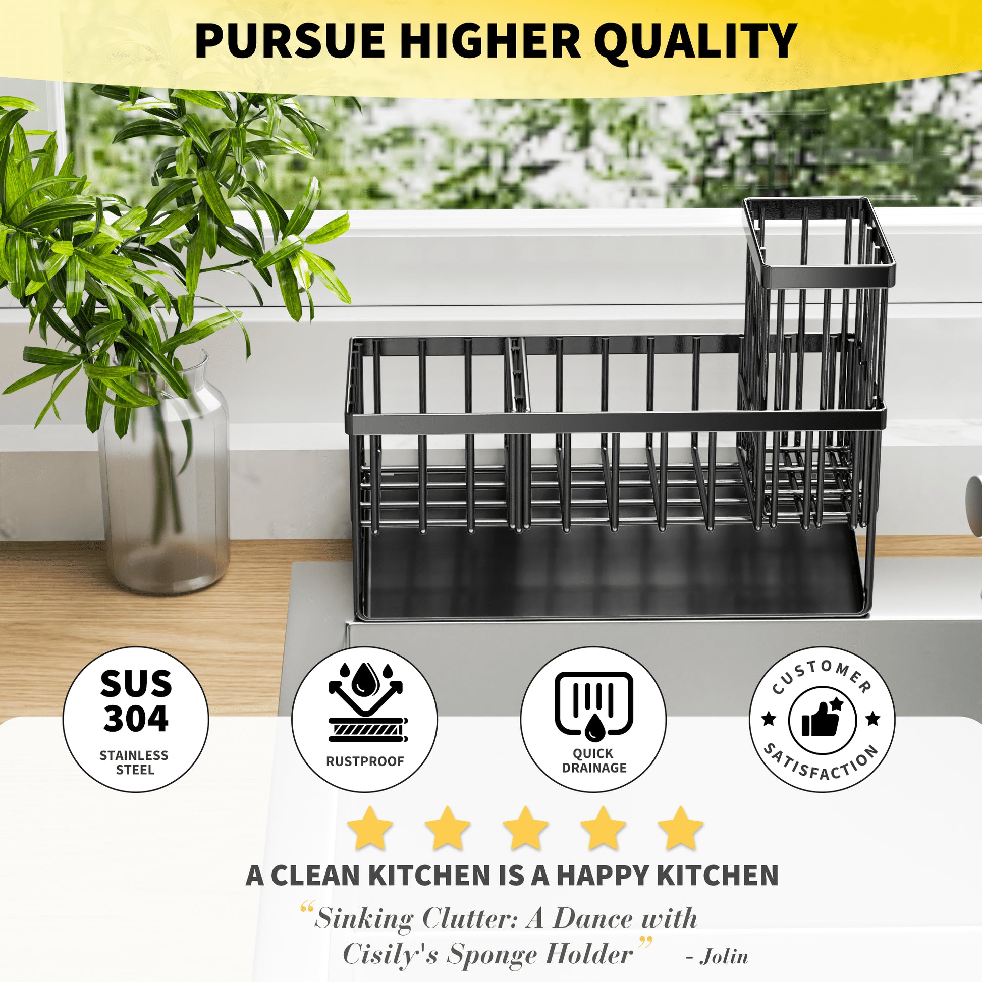 Cisily Kitchen Item Sink Caddy Kitchen Organizer, Sponge Holder for Kitchen Sink, Drain on an Incline Kitchen Sink Organizer,Rust-Resistant Metal Black Sink Caddy,Sink Caddy with Brush Holder