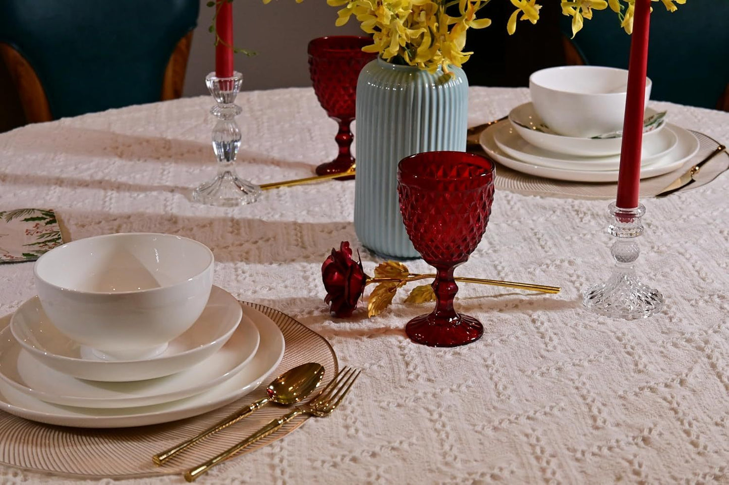 Lily Bone China Dinnerware Set, 16 Pieces, Service, For 4 White Plates, Dishes, Bowls Set, Microwave And Dishwasher Safe