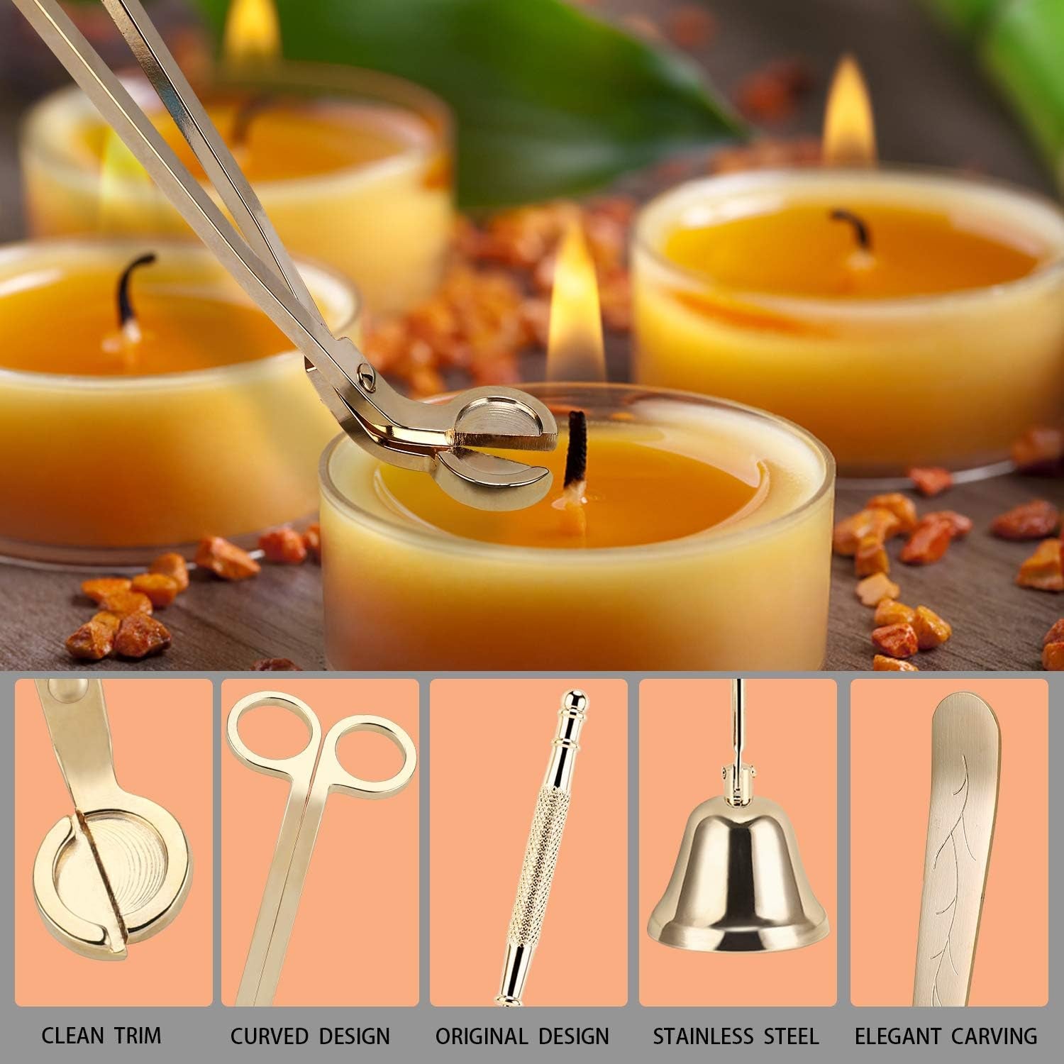 3 in 1 Candle Accessory Set - Wick Trimmer, Snuffer, Dipper with Gift Package for Candle Lovers (Champagne Gold)