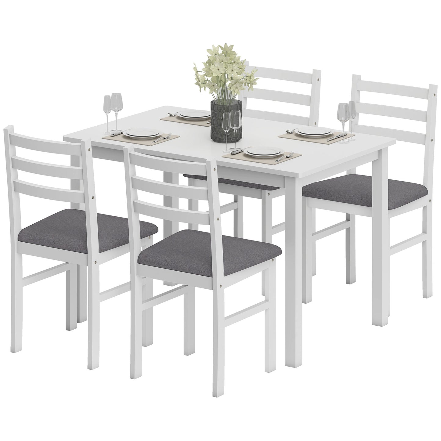 5-Piece Small Kitchen Table Set For 4, Farmhouse Dining Table Set With Upholstered Chairs And Rubber Wood Legs, White