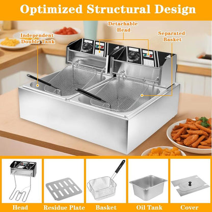 5000W Commercial Dual Basket Deep Fryer - 12L Stainless Steel Electric Fryer W/ Independent Temp Control, Detachable Oil Tanks & U-Shaped Heating