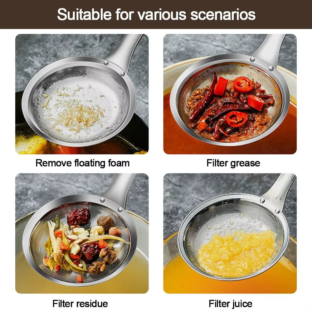 304 Stainless Steel Fat Skimmer Spoon Fine Mesh Grease Foam Removing Oil Dregs Fishing Percolator Fried Food Net Strainer