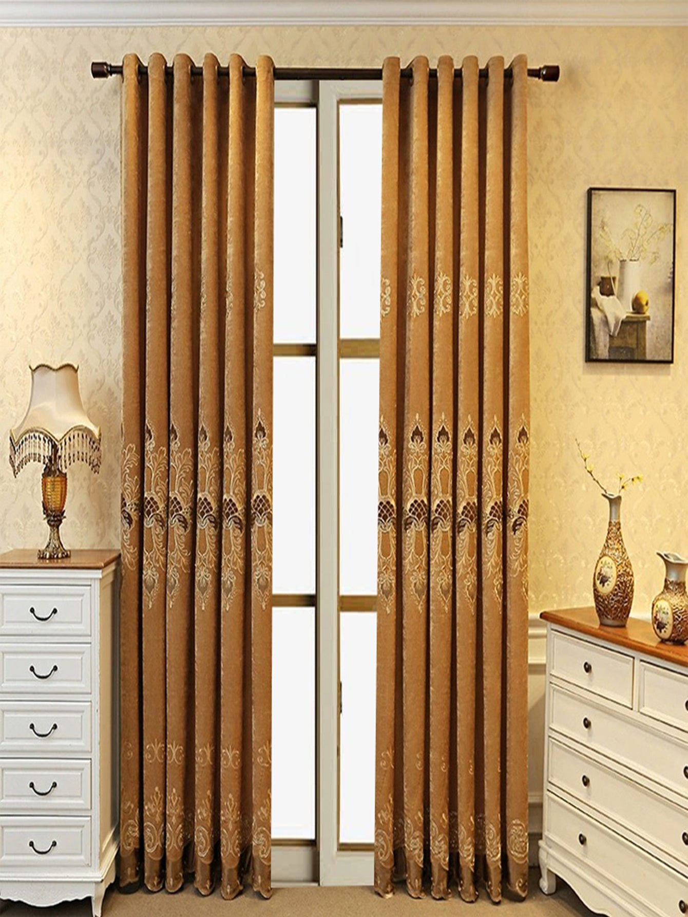 2 Pieces Elegant European Blackout Curtains - Simple Beige Velvet Decor Embroidery, UV Protection, Machine Washable Living Room And Bedroom, Light Control