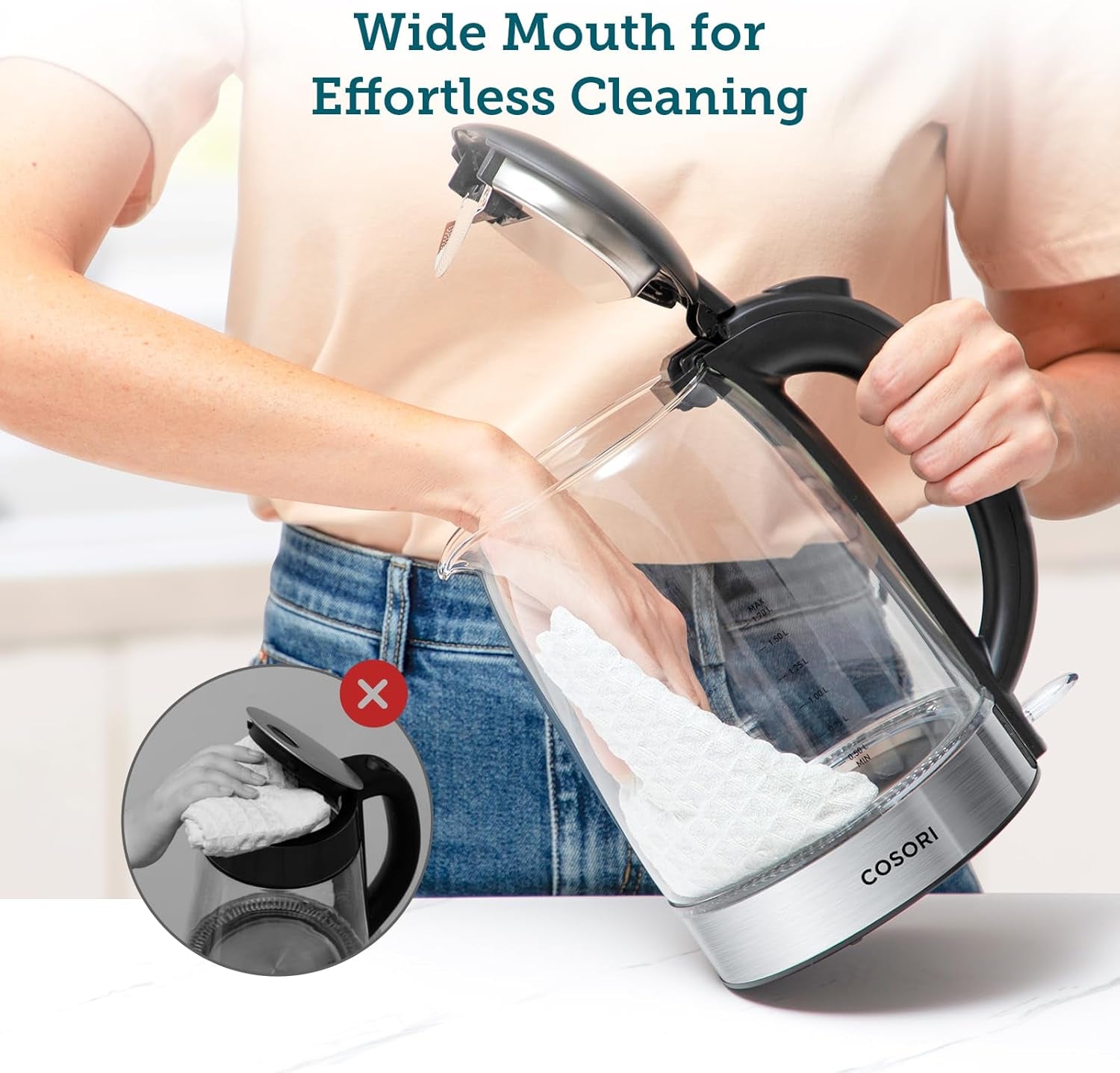 Electric Kettle, No Plastic Filter & Spout, 1.8Qt Tea Kettle & Hot Water Boiler for Coffee & Tea, Water Heater & Teapot, Automatic Shut Off, Borosilicate Glass, Black, 1500W