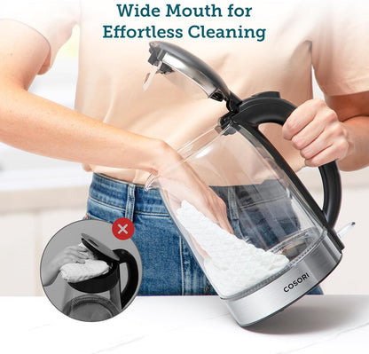 Electric Kettle, No Plastic Filter & Spout, 1.8Qt Tea Kettle & Hot Water Boiler for Coffee & Tea, Water Heater & Teapot, Automatic Shut Off, Borosilicate Glass, Black, 1500W