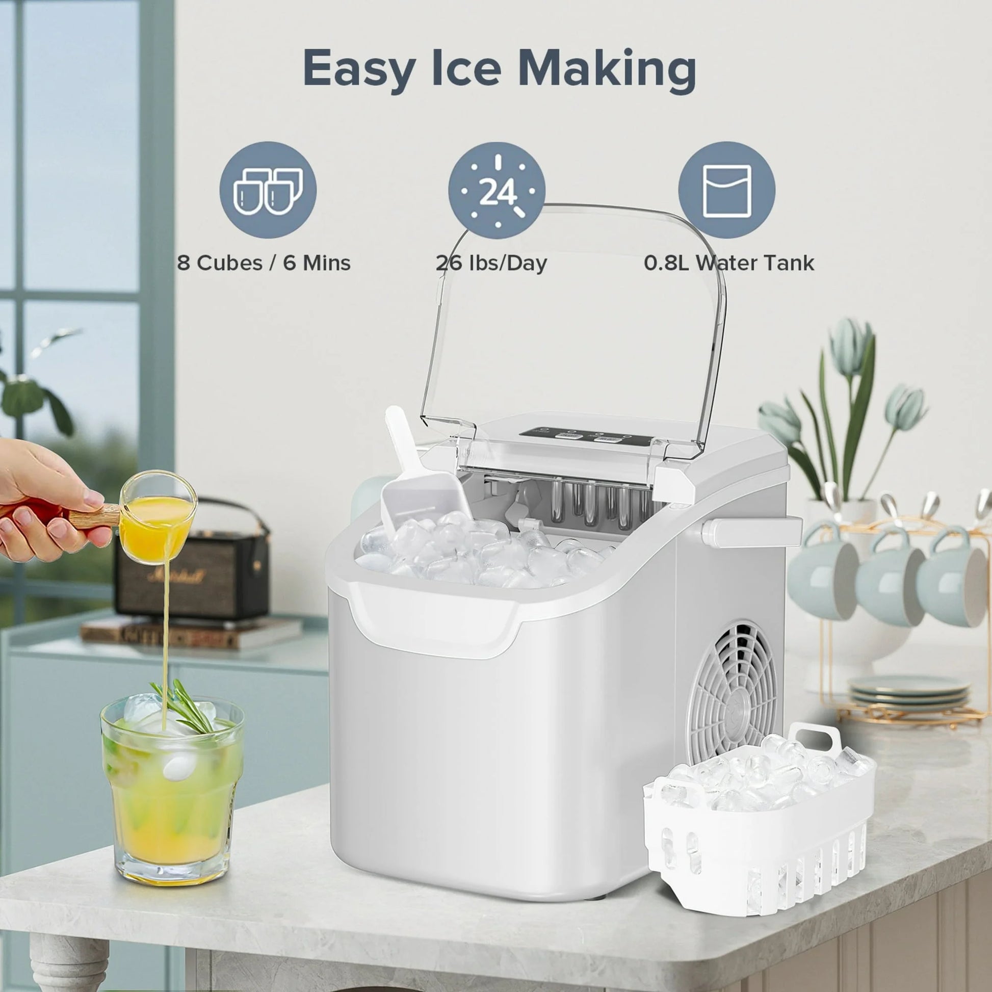 Countertop Portable Ice Maker, 8 Cubes Ready in 6 Mins, Self-Cleaning with Handle, Ice Scoop, 2 Sizes of Bullet Ice Cubes, for Home/Kitchen/Office-White