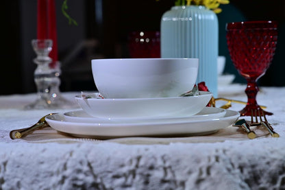 Lily Bone China Dinnerware Set, 16 Pieces, Service, For 4 White Plates, Dishes, Bowls Set, Microwave And Dishwasher Safe