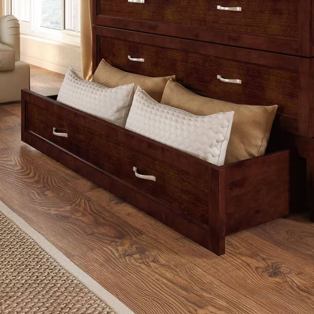 Deerfield Walnut Brown Wood Frame Full Murphy Bed Chest with 6 In. Mattress, Storage Drawer and Built-In Charger
