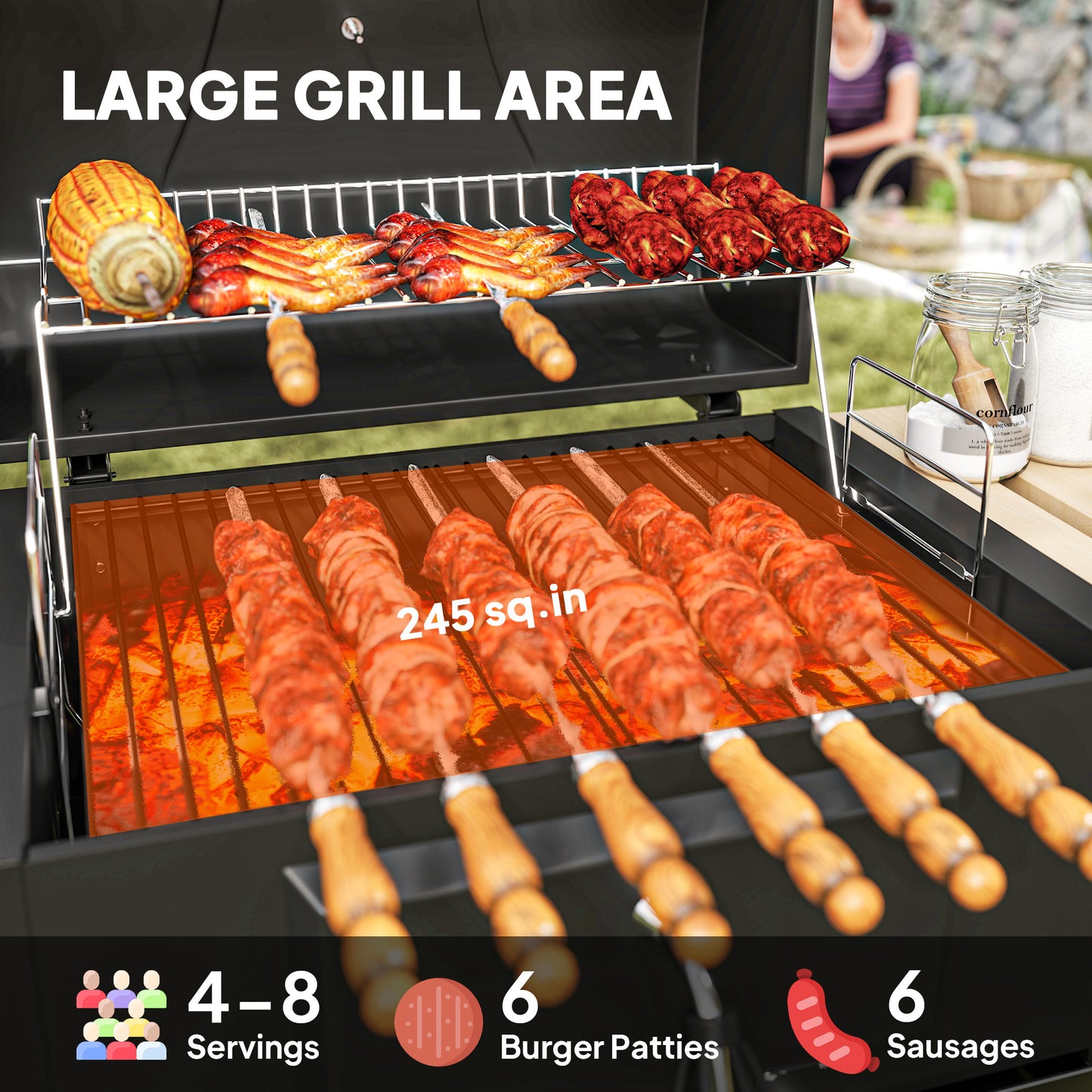 Charcoal BBQ Grill With 245 Sq. In. Cooking Area, Adjustable Charcoal Pan, 3 Shelves, Thermometer, Black