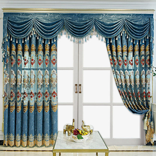 Modern Style Living Room European Hollow Embroidery Curtains Thickened Velvet Bedroom Light-proof French Windows 2-piece Set