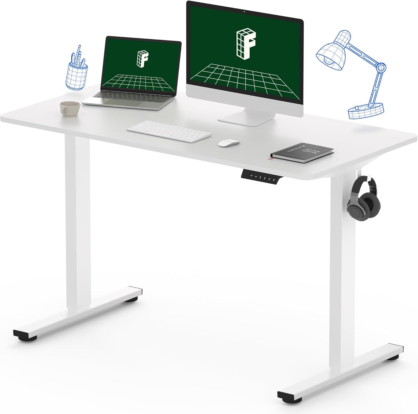 One-Piece Electric Standing Desk, 48 X 24 Inches Adjustable Desk with Seamless Desktop, Memory Controller Height Adjustment (White Frame + White Desktop, 2 Packages)