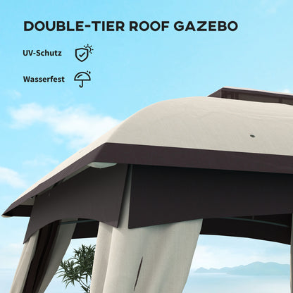 10 X 20 Patio Gazebo, Outdoor Gazebo Canopy Shelter With Netting, Vented Roof For Garden, Beige