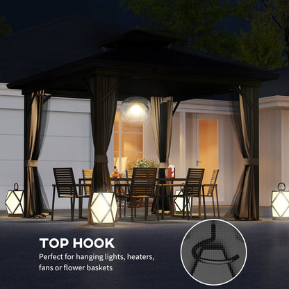 10 X 10 Hardtop Gazebo With Aluminum Frame, Metal Roof Gazebo Canopy W Hook, Curtains Included, Dark Brown