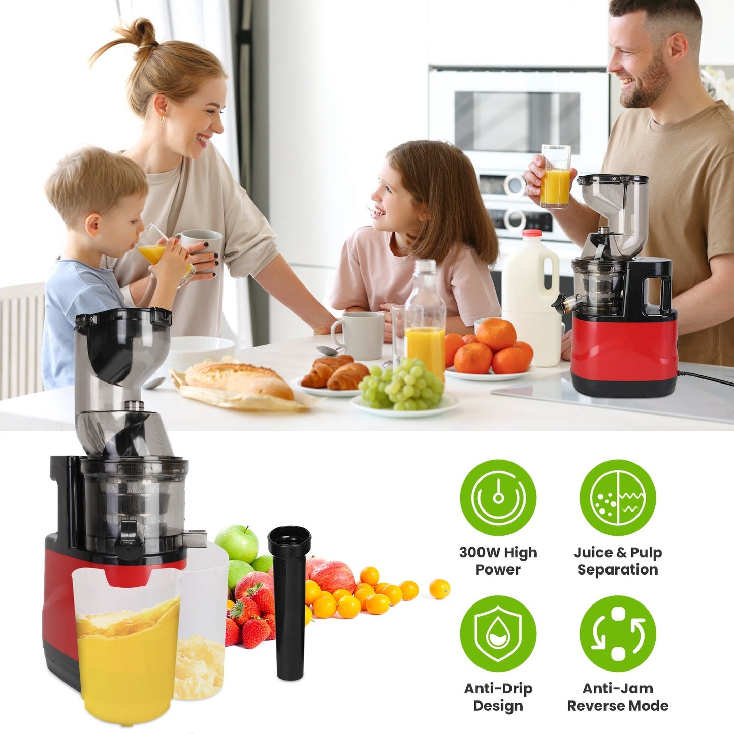 1Pc Cold Press Juicer Machine 300W Electric Slow Masticating Juicer For Whole Vegetable And Fruit With Reverse Function 2 Containers Cleaning Brush Clear Marks Easy Cleaning