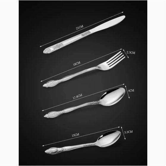 Product Name  Deluxe Premium Cutlery Flatware Set For The Home  Stainless Steel Cutlery Service With 1 Dinner Fork, 1 Dinner Knife, 1 Dinner Spoon And 1 Tea Spoon  Durable, Elegant And Rust  Resista