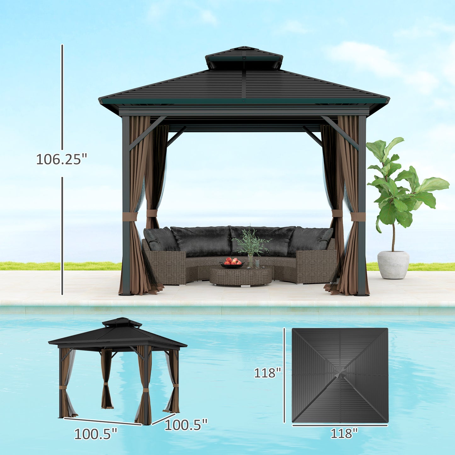 10 X 10 Hardtop Gazebo With Aluminum Frame, Metal Roof Gazebo Canopy W Hook, Curtains Included, Dark Brown