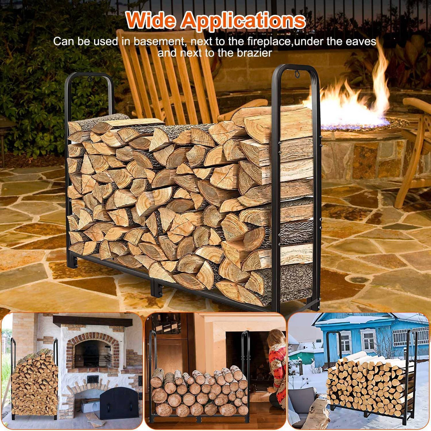 1Pc Firewood Log Rack 2500LBS Iron Wood Lumber Storage Stacking Rack 4.03ft Heavy Duty Pile Lumber Storage Holder For Fireplace Firepit