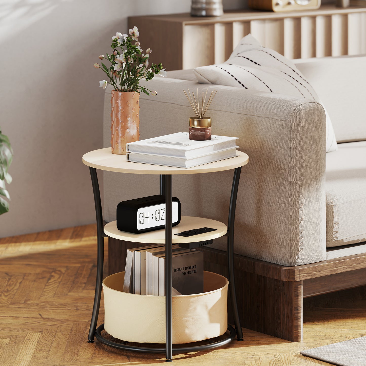 Round Side Table With Charging Station, 3-Tier End Table With Fabric Storage Bag And Shelf, Natural Wood