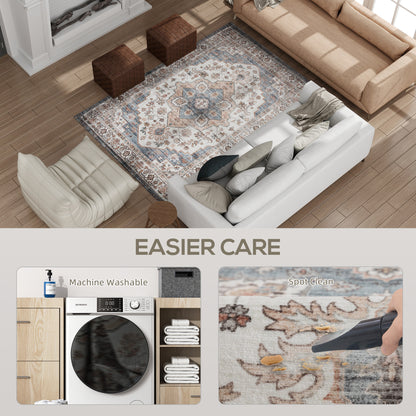 4x6 Area Rug, Vintage Machine Washable Rug, Non-Slip Carpet For Living Room, Bedroom, Dining Room, Brown & Light Blue