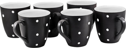 16 Oz Polka Dot Coffee Mug Set of 6, Large 16 Ounce Ceramic Mugcup Set in Black Polka Dot Design, Best Coffee Mug for Your Gift