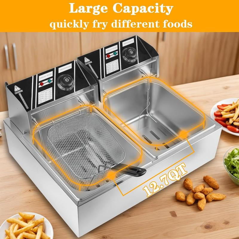 5000W Commercial Dual Basket Deep Fryer - 12L Stainless Steel Electric Fryer W/ Independent Temp Control, Detachable Oil Tanks & U-Shaped Heating