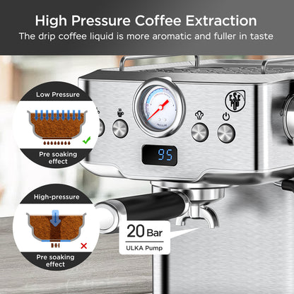 20 Bar Professional Espresso Machine With Milk Frother, Single & Double Shot, ESE Pod Compatible, Visual Display Of Pressure, Removable Water Tank For Cappuccino, Latte,  Machiato For Home Barista