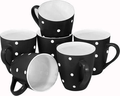 16 Oz Polka Dot Coffee Mug Set of 6, Large 16 Ounce Ceramic Mugcup Set in Black Polka Dot Design, Best Coffee Mug for Your Gift