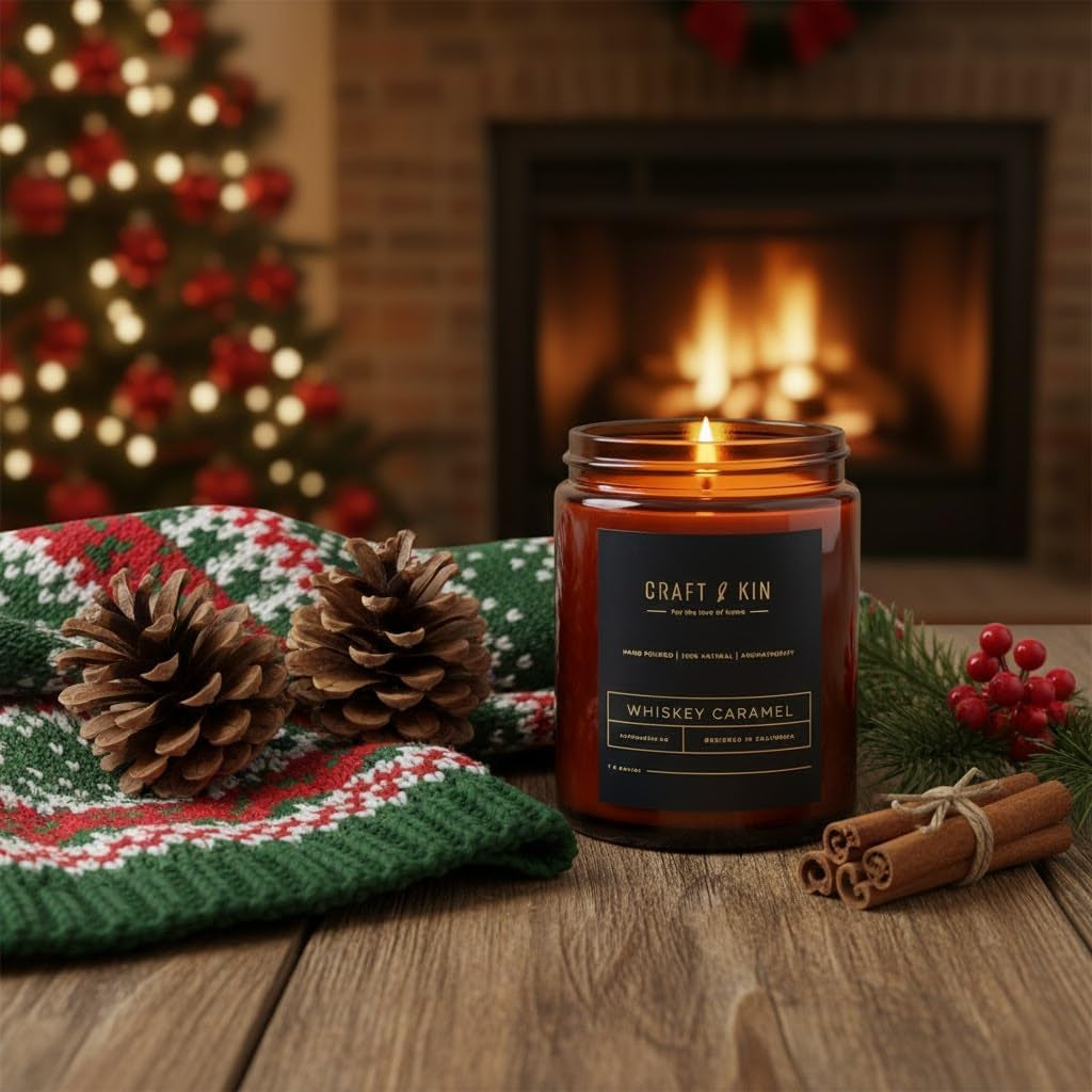 Christmas Scented Candles for Men | Premium Whiskey Caramel Winter Candle | All-Natural Scent for Home | Long Lasting Holiday Candles with 45 Hour Burn Time, 8Oz