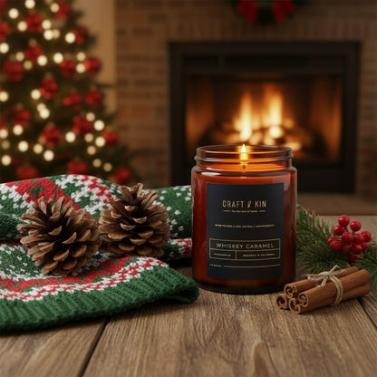 Christmas Scented Candles for Men | Premium Whiskey Caramel Winter Candle | All-Natural Scent for Home | Long Lasting Holiday Candles with 45 Hour Burn Time, 8Oz