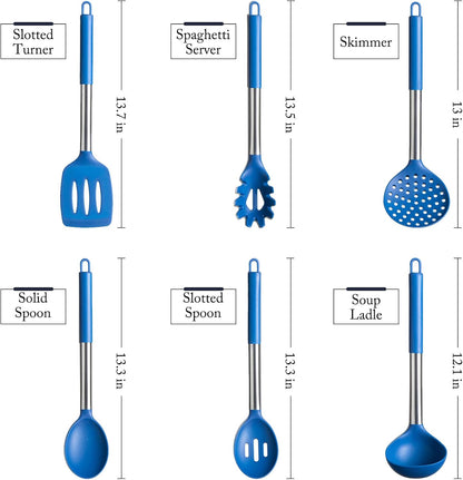 Silicone Kitchen Utensils Set -  6-Pieces Blue Silicone Cooking Utensils Set for Nonstick Cookware - Stainless Steel Handle